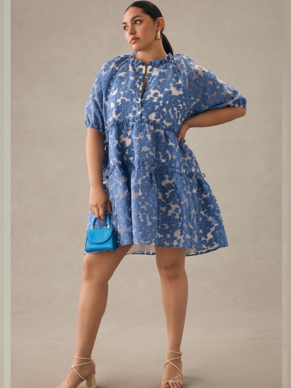Maeve Anthropologie Blue Textured Tiered Mini Dress Small Puff Sleeve Romantic - Picture 4 of 16